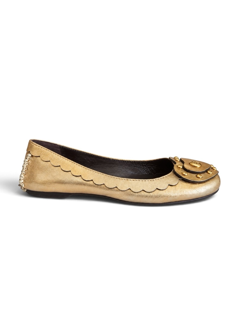 Tory Burch Gold Metallic Heart Studded Ballet Flats Leather Shoes Size 7.5